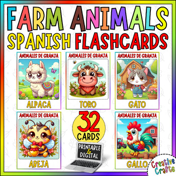 Preview of SPANISH Farm Animals Vocabulary Flashcards Printable & Digital Resources