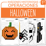 SPANISH Halloween Math Mystery Pictures Grade 1 Adiciones 