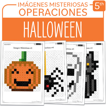 Preview of SPANISH Halloween Math Mystery Pictures Grade 5 Multiplications Divisions 1-40