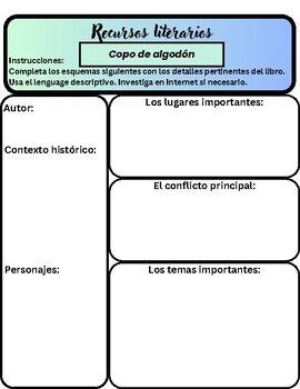 Preview of SPANISH Literary Elements worksheet - Copo de algodón