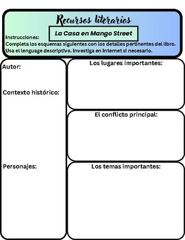 Preview of SPANISH Literary Elements worksheet - La Casa en Mango Street