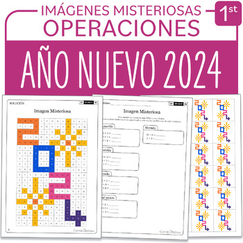 Preview of SPANISH New Year Mystery Picture Grade 1 Año Nuevo Suma y Resta 1-20