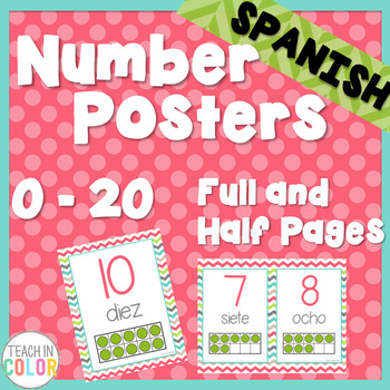 Preview of SPANISH Number Posters 0-20 - Ten Frames - Country Cool Teal, Green, Coral, Gray