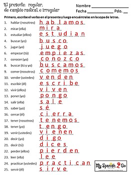 SPANISH PRESENT TENSE Fill-in-the-blank and Wordsearch. by My Spanish 2 Go