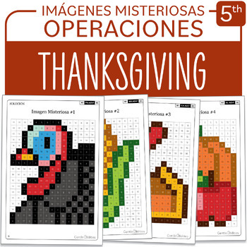 Preview of SPANISH Thanksgiving Mystery Pictures Grade 5 Multiplications Divisions 1-40