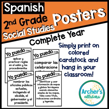 Preview of SPANISH VERSION 2nd Grade Social Studies TEKS Poster Entire Year 2024-2025