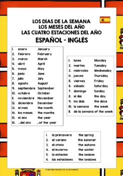 SPANISH DAYS, MONTHS, SEASONS VOCABULARY REFERENCE LIST | TpT