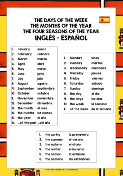 spanish days months seasons vocabulary reference list tpt