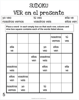 inestable comestible Illinois SPANISH Verb VER Present Tense Sudoku - El verbo VER en presente