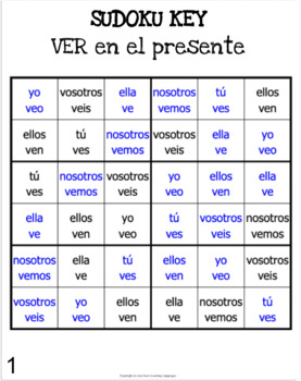 SPANISH Verb VER Present Tense Sudoku - El verbo VER en presente