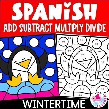 Preview of Spanish Winter Color by Number Code Addition Subtraction Multiplication Division