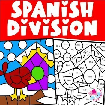 Preview of Spanish Winter Math Coloring Pages Color by Number Code Division Practice