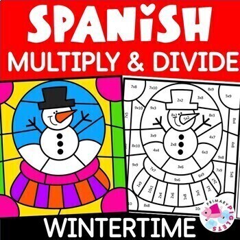Preview of Spanish Winter Color by Number Code Multiplication & Division Math Coloring