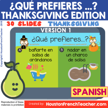 Preview of SPANISH Would You Rather Thanksgiving November | Digital/Virtual QUE PREFIERES
