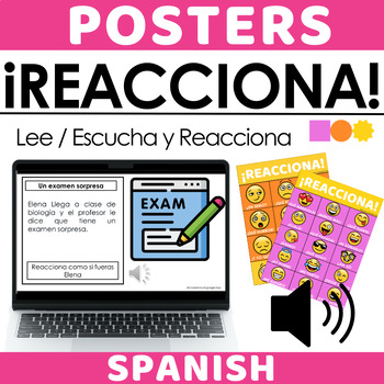 Preview of SPANISH reading comprehension passages with AUDIO + Reactions Poster