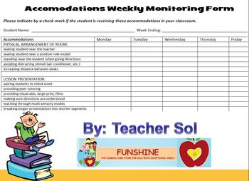 Preview of SPED Inclusion Accomodations Weekly Monitoring Form
