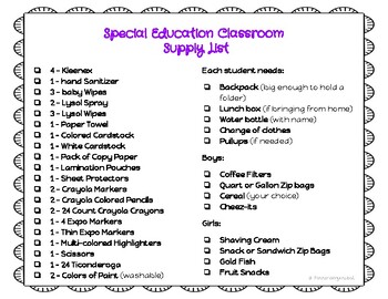 SPED Supply List by Mrs Penner is Organized | TPT