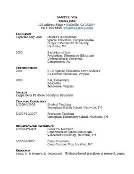 Preview of Special Education Teacher curriculum vitae with reference list-editable resource