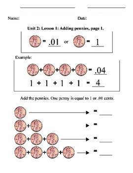 Preview of Coin ID Pennies - Unit 2: Counting, Addition, Math, Money, Life skills