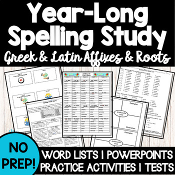 Preview of SPELLING AFFIXES AND ROOTS L4b Year Long Lists PPT Practice Tests NO PREP