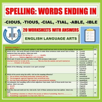 Preview of SPELLING: WORDS ENDING IN -CIOUS -TIOUS -CIAL -TIAL -ABLE -IBLE - 20 WORKSHEETS