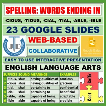 Preview of SPELLING: WORDS ENDING IN -CIOUS, -TIOUS, -CIAL, -TIAL, -ABLE, -IBLE - 23 SLIDES