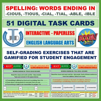 Preview of SPELLING: WORDS ENDING IN -CIOUS, -TIOUS, -CIAL, -TIAL, -ABLE, -IBLE: 51 CARDS