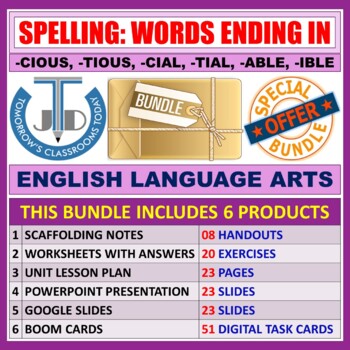 Preview of SPELLING: WORDS ENDING IN -CIOUS, -TIOUS, -CIAL, -TIAL, -ABLE, -IBLE - BUNDLE