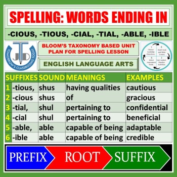 Preview of SPELLING: WORDS ENDING IN -CIOUS, -TIOUS, -CIAL, -TIAL, -ABLE, -IBLE - PLAN