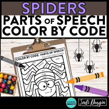 Preview of SPIDERS color by code HALLOWEEN coloring page PARTS OF SPEECH worksheet