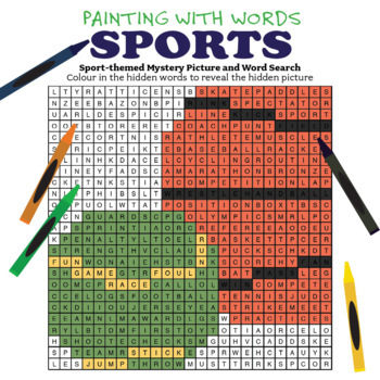 Preview of SPORTS Reading and Writing Vocabulary Word Search Mystery Picture to Color