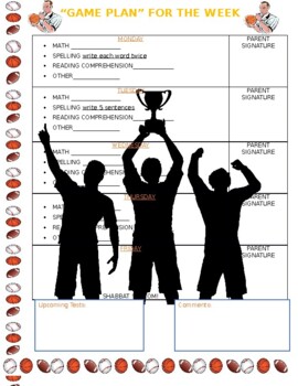 Preview of SPORTS themed Homework Sheet with spelling words and sentences