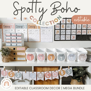 Preview of SPOTTY BOHO Calm Classroom Decor Bundle | Neutral Rainbow Decor | retro vintage