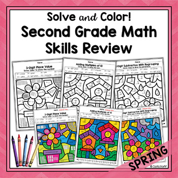 Preview of SPRING 2nd Grade Math Review Color by Code - Place Value, Regrouping, & More!