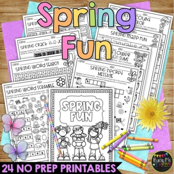 Preview of SPRING FUN NO PREP Activities | Math and Literacy | Crossword Puzzle | Mazes