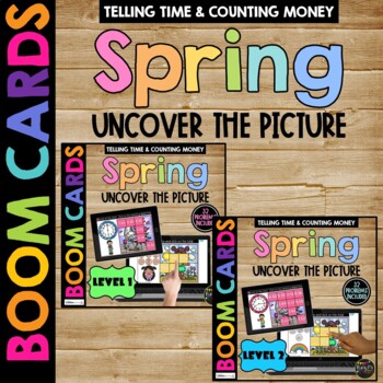 Preview of SPRING Boom Cards™ Uncover the Picture Set 2 Telling Time and Counting Money