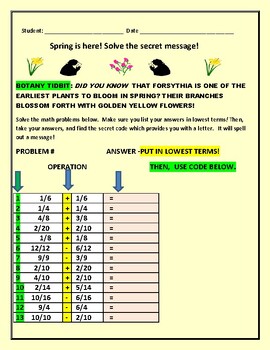 Preview of SPRING & FRACTIONS: SOLVE THE SECRET MESSAGE!  W/ANS. KEY GRS. 5-8