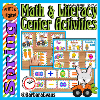 Preview of SPRING MATH and LITERACY CENTERS Spring Activities Task Cards Primary Grades