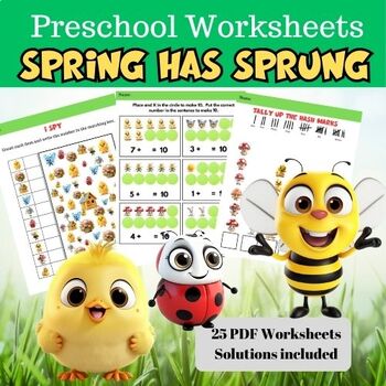 Preview of SPRING Math Add, Subtract, Count Worksheets for PreK, Kindergarten, Homeschool