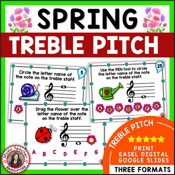 Preview of SPRING Music Activities - Treble Clef Notes Worksheets & Task Cards