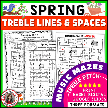 Preview of SPRING Music Activities - Treble Clef Notes Lines & Spaces Worksheets