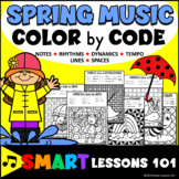 Preview of SPRING Music COLOR by CODE WORKSHEETS Note Rhythm Dynamic Tempo Coloring Pages