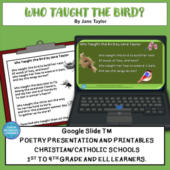Preview of SPRING POEM BIRDS DIGITAL, PRINTABLE FOR CHRISTIAN SCHOOLS POETRY COMPREHENSION