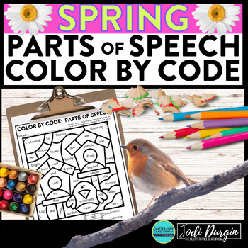 Preview of SPRING color by code first day of spring coloring page PARTS OF SPEECH worksheet