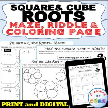 Preview of SQUARE & CUBE ROOTS Maze, Riddle, Color by Number Coloring Page Math Activity