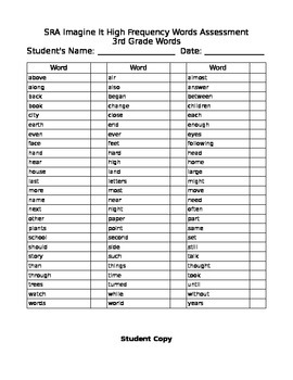 Preview of SRA Imagine It High Frequency Word Assessment Form 3rd Grade