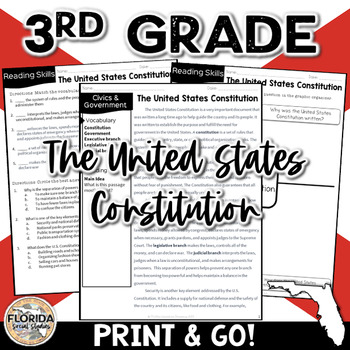 Preview of SS.3.CG.1.1: US Constitution | Florida 3rd Grade Social Studies Reading Activity