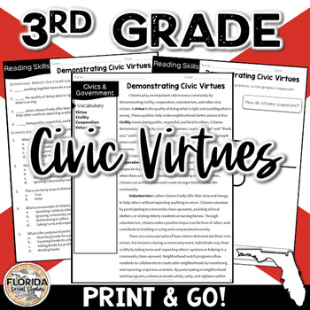 Preview of SS.3.CG.2.1: Civic Virtues - Civility Cooperation Volunteerism | FL 3rd Civics