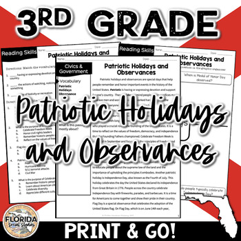 Preview of SS.3.CG.2.3: Patriotic Holidays and Observances | FL 3rd Grade Civics