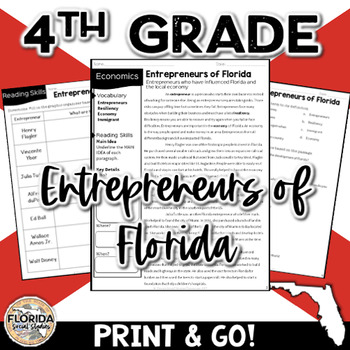 Preview of SS.4.E.1.1 Entrepreneurs in Florida 4th Grade Social Studies Reading Activity